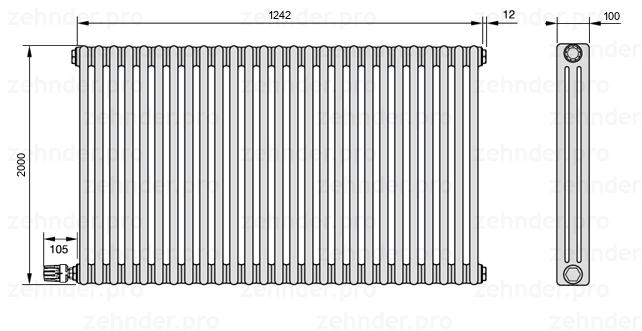 Схема (чертеж) Радиатор Zehnder Charleston 3200/27 №V004 Белый глянцевый RAL 9016